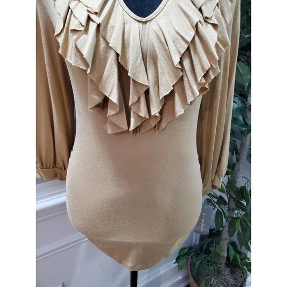 Ny Collection Woman's Khaki Rayon Long Sleeve Ruffle Pullover Top Shirt Size M - Picture 3 of 11